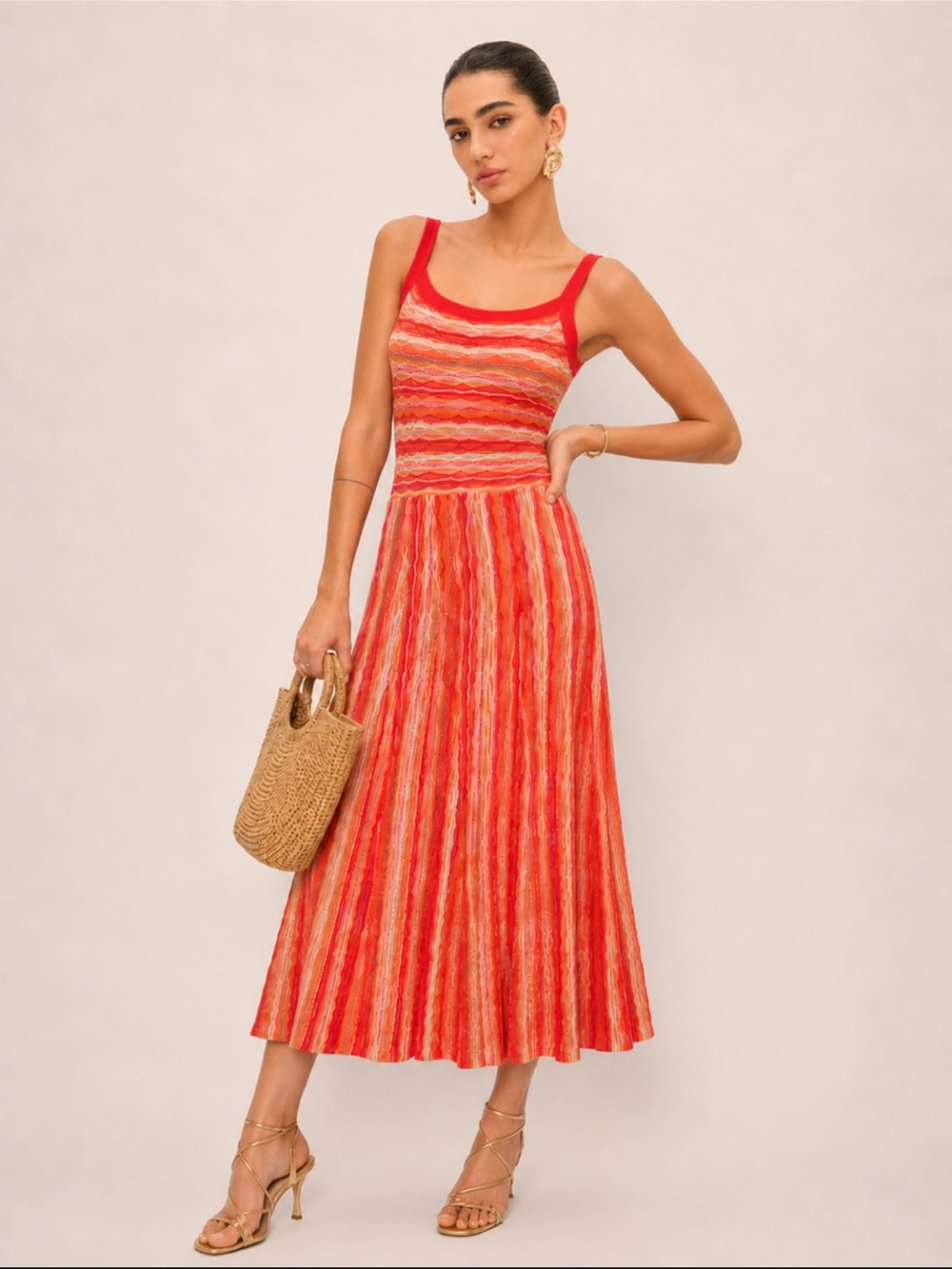 Red Orange Striped Sleeveless Knit Midi Dress